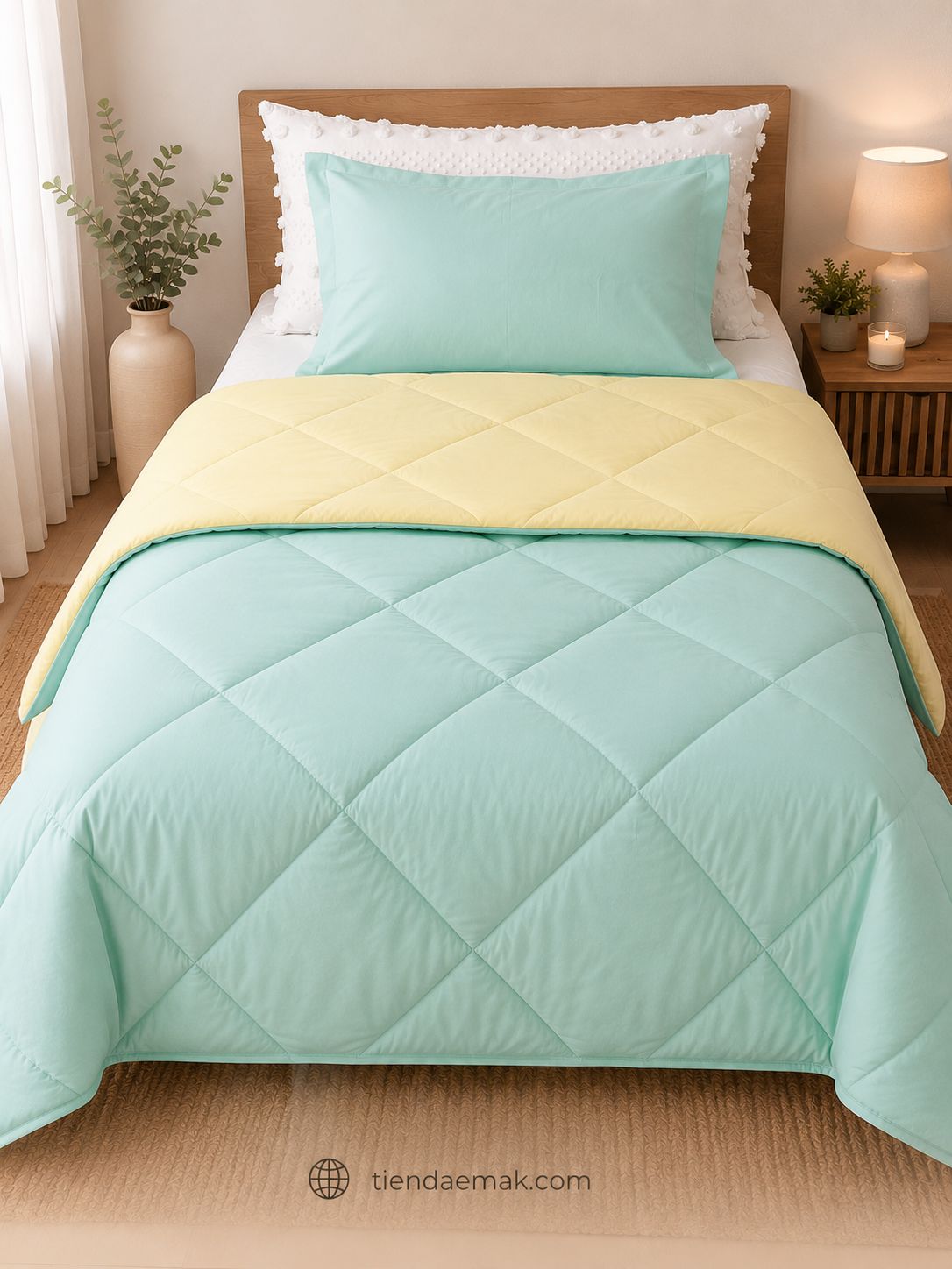 Edredon reversible color alba glacial y yellow rose