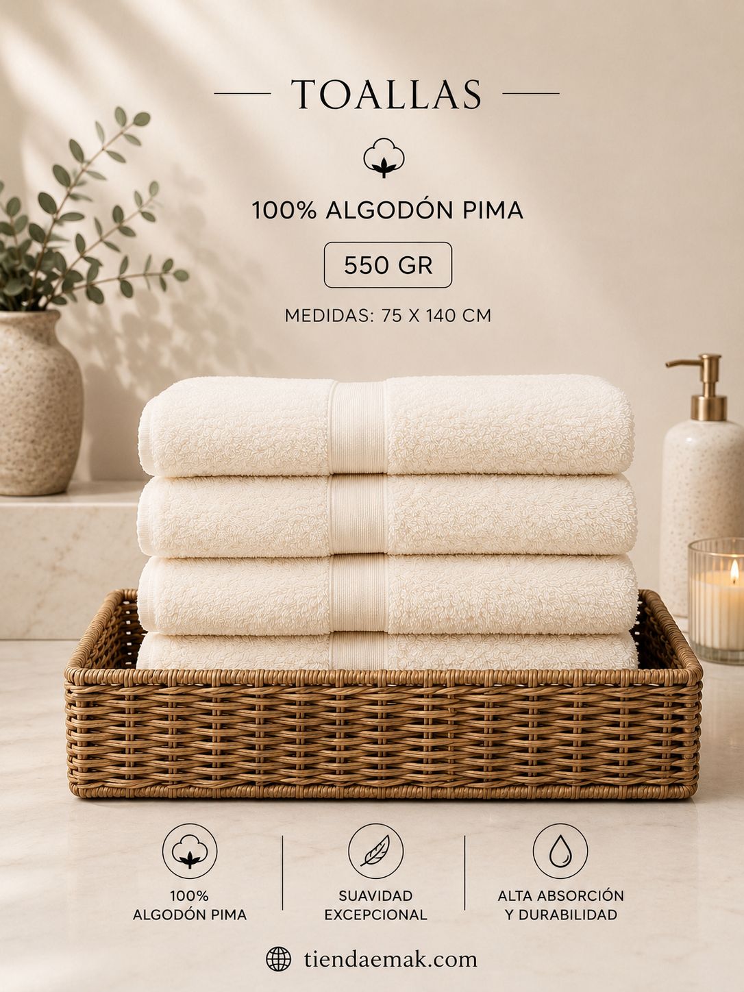 Toallas de baño 550 GRAMOS color crema