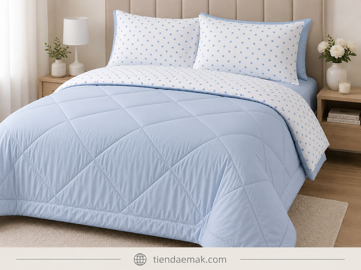 Edredon reversible color Oxford blue estrella celeste.