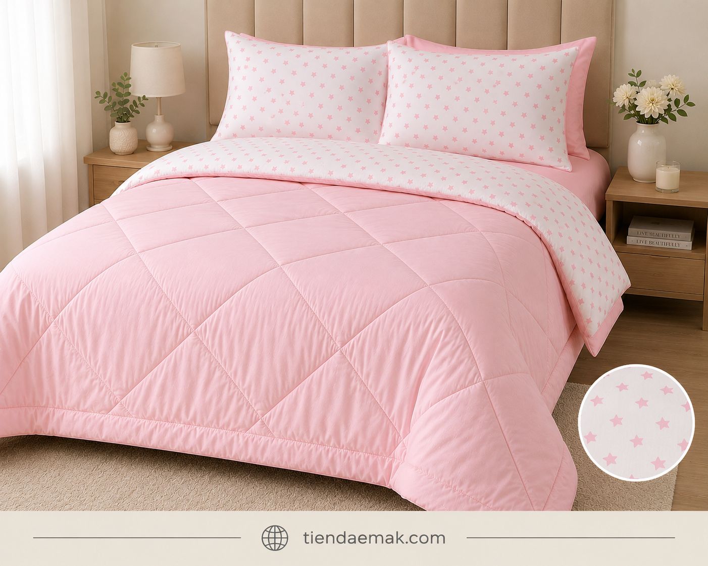Edredon reversible color Rosedal estrella rosado